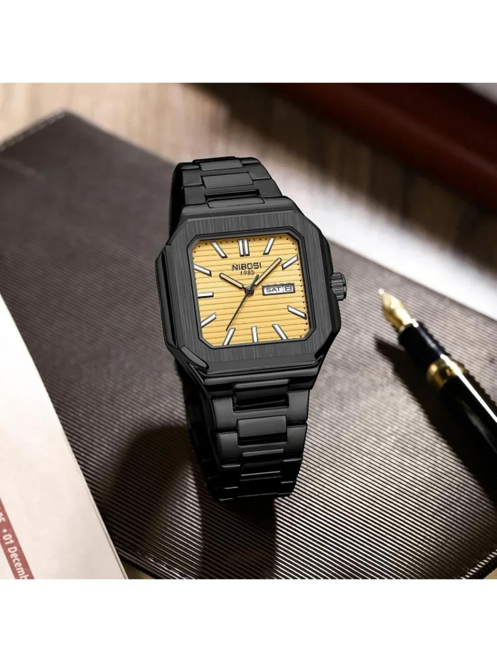 Men's Black Gold Square Analog Quartz Stainless Steel  Waterproof Wrist Watch